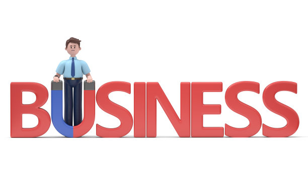 亚洲人费利索站在商业旁边，拿着磁铁的3D插图。白色背景的3D渲染。图片下载