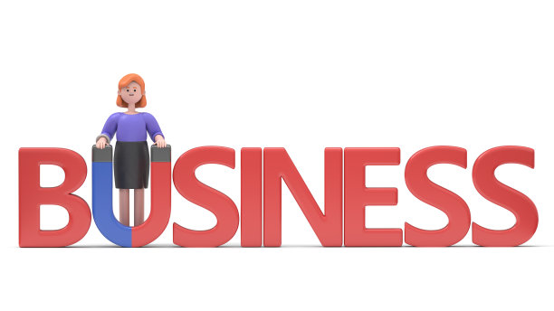 3D插图欧洲女商人艾伦站在旁边的业务和持有磁铁。白色背景的3D渲染。图片下载