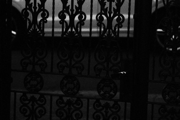 居民楼的阿拉伯图案大门。汽车在背景中经过。单色黑白调图片下载