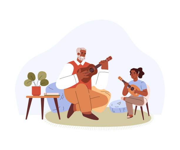 矢量孤立插图黑色灰白头发的男人与胡子教玩四弦琴，小吉他小女孩在舒适的房间图片下载