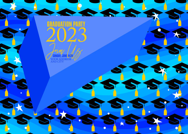 2023届毕业生欢迎会。矢量设计邀请卡为大学毕业生模板。毕业典礼，问候，年鉴背景与图标元素。图片下载