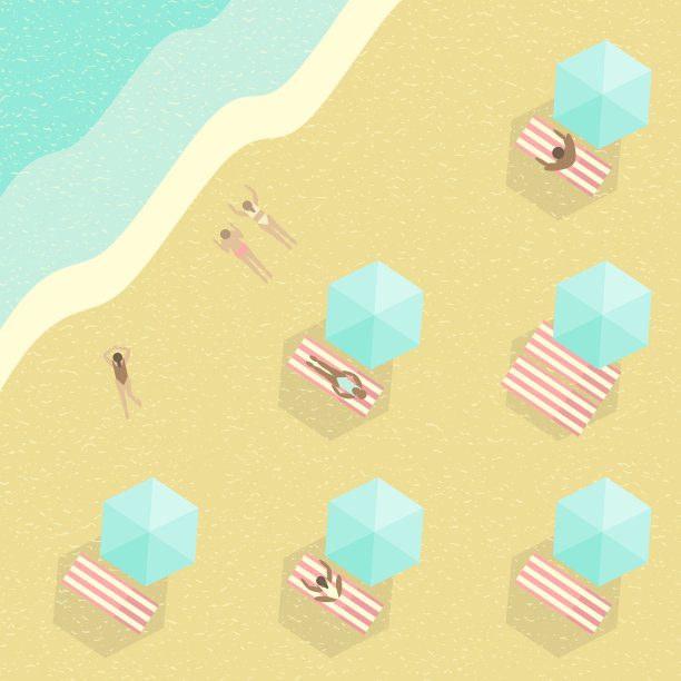 海滩度假。海滩鸟瞰图，海浪，沙滩上的遮阳伞和太阳躺椅。平面暑假矢量背景设计。图片下载