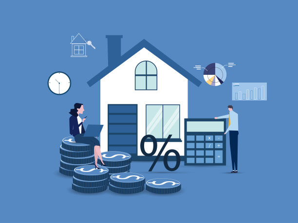 按揭概念，住房贷款或投资用房地产、房地产、投资合同、金钱、家庭买房。男子计算房屋抵押贷款利率，矢量插图。图片下载