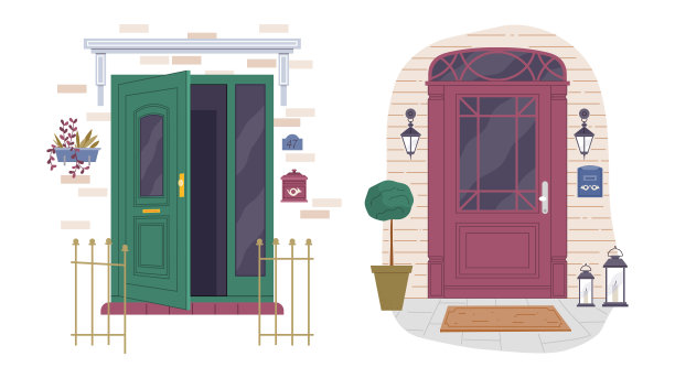 一组不同的房子入口，门廊和紧闭的门。有彩色窗户的公寓入口图片下载