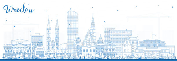 勾勒波兰弗罗茨瓦夫城市天际线与蓝色建筑。弗罗茨瓦夫城市景观与地标。图片下载