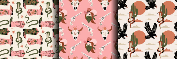 狂野西部模式。西式无缝质感。牛仔竞技靴和蛇。沙漠中的女牛仔和鹰。卡通平面孤立元素。当代印刷，装饰纺织品，包装纸，壁纸，矢量图片下载