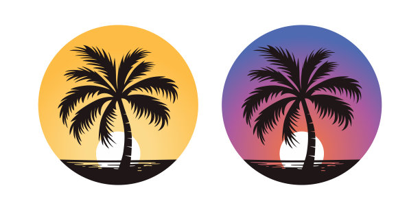 矢量棕榈树，棕榈树图标集隔离。日落背景上的棕榈剪影。设计模板的热带，度假，海滩，夏季的概念。矢量插图。前视图图片下载