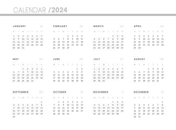 2024年历模板。矢量布局的墙或书桌简单的日历与周开始星期一。图片下载