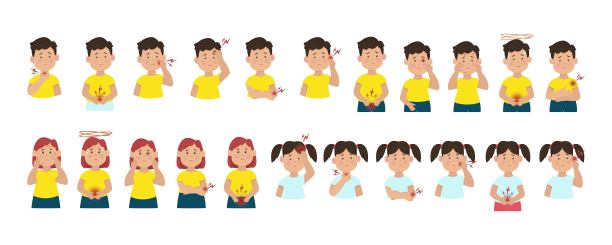 小儿疾病，小儿疼痛与炎症，矢量平面图解。一个生病的孩子。传染性和病毒性疾病图片下载