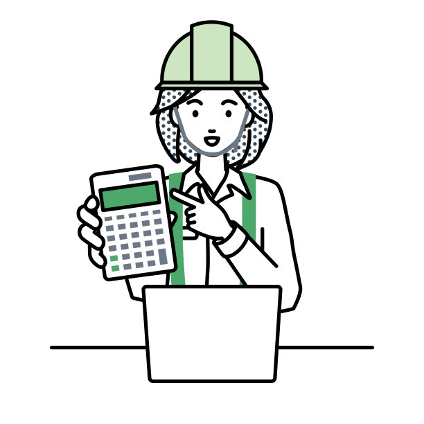 在建筑工地工作的一名妇女在笔记本电脑前微笑着推荐、提议、显示估算并指着计算器图片下载