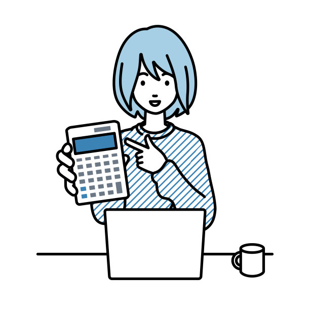 一个穿着休闲风格的女人在笔记本电脑前微笑着推荐、求婚、展示和指着计算器图片下载