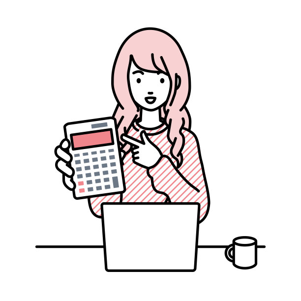 一个穿着休闲风格的女人在笔记本电脑前微笑着推荐、求婚、展示和指着计算器图片下载