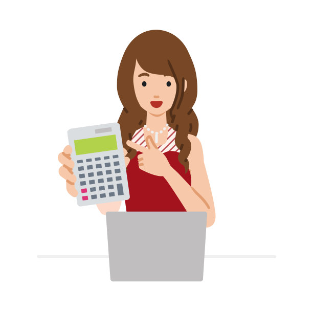 一个穿着礼服的女人在笔记本电脑前微笑着推荐、求婚、展示估价并指着计算器图片下载