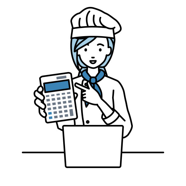 一位女厨师在笔记本电脑前微笑着推荐、提议、展示估价并指着计算器图片下载