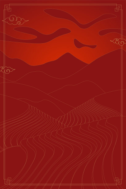 红色日落海报上的稻田。中国山地梯田农业景观。农村农田风光以水田为主。梯田茶园。亚洲农业草甸媒介背景图片下载