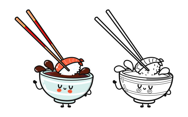 滑稽可爱的快乐碗酱油字符捆绑集。矢量手绘卡通卡哇伊人物插图图标。可爱的酱油碗。为涂色书勾勒卡通插图图片下载