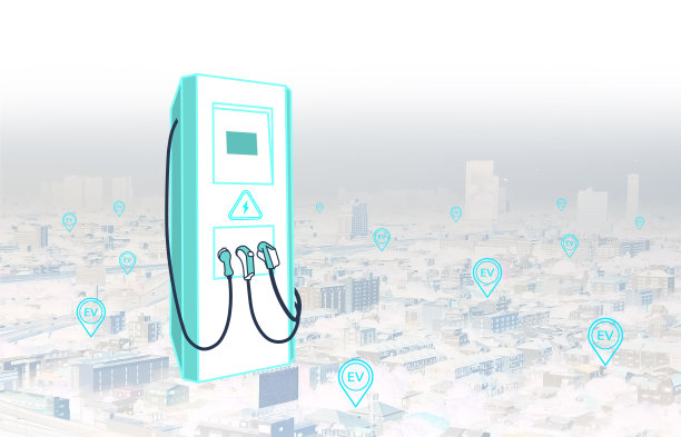 带有城市景观和充电点图标的电动汽车充电站图片下载