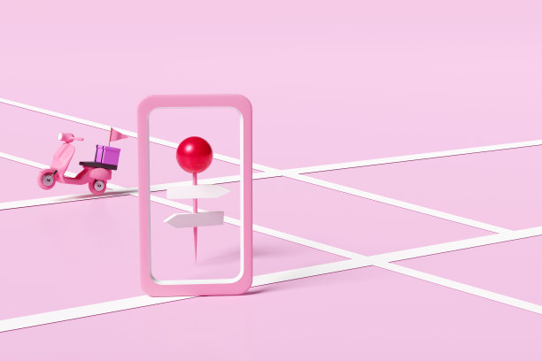 3d别针上的道路与交付滑板车，智能手机，手机，招牌，路标，空间隔离上粉红色。快递服务理念，3d插画渲染，剪辑路径图片下载