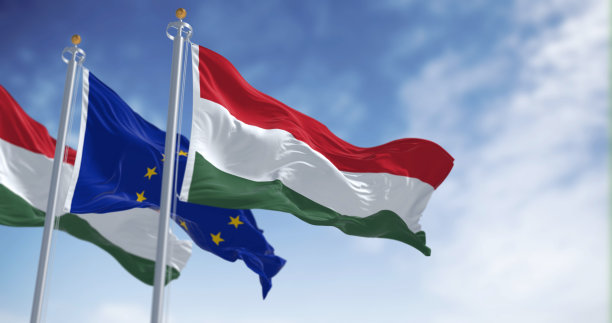 在一个晴朗的日子里，匈牙利和欧盟的国旗一起飘扬图片下载