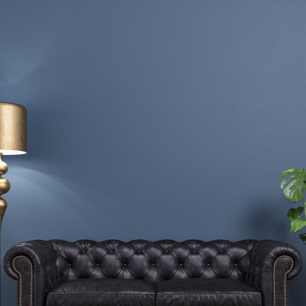 舒适复古别致的室内配有黑色皮革沙发垫，复制空间，复古金色电灯和盆栽，50 - 60年代装饰图片下载