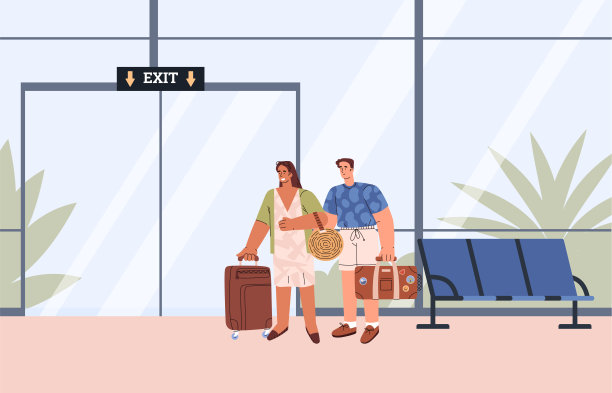 幸福的男人和女人带着行李箱离开机场或火车站扁平风格图片下载