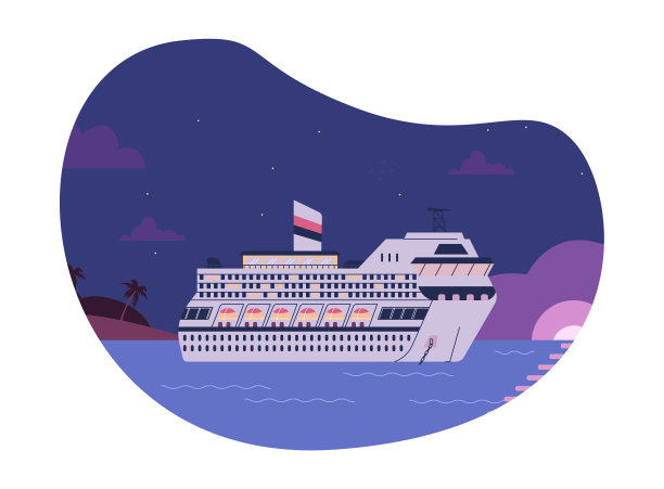 游轮航行在海上在夜间，平面矢量插图孤立的白色背景。图片下载