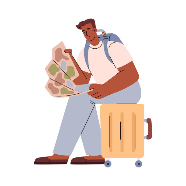 微笑的游客坐在旅行箱上，看着地图上的平面风格图片下载