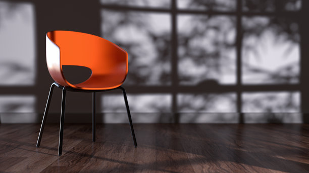 一张橙色的椅子靠在白色的墙上。图片下载