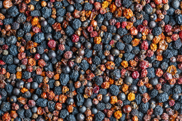 自制的干野生浆果在背景，特写，俯视图。食品的背景。健康食品，混合了五颜六色的干果图片下载