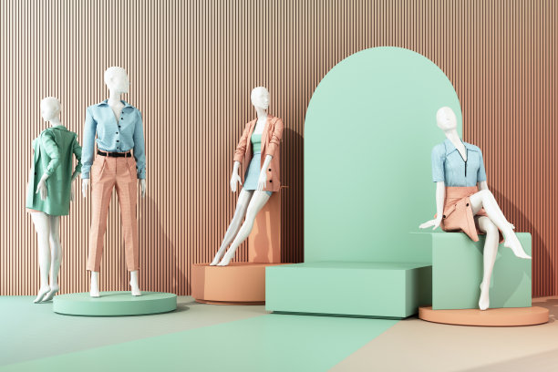 以抽象概念展示时尚正装的模特雕像。隔离在多色粉彩背景。几何形状产品展台促销折扣销售。三维渲染图片下载