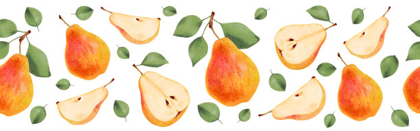 水果无缝边框。半个，整个，带叶子的黄梨。用于农贸市场设计、包装的横向横幅或框架。标记和水彩插图。图片下载