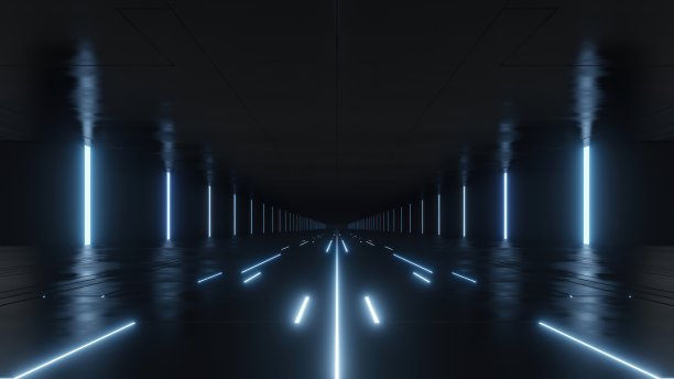 3d渲染黑暗抽象的科幻隧道，未来飞船走廊。图片下载