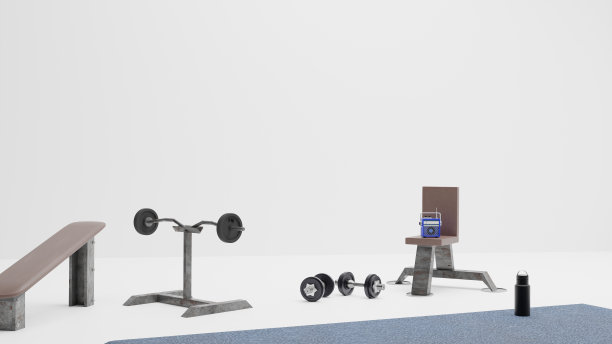 3d渲染基本健身器材与复古无线电近距离观察，黑色水瓶插图金属白色背景图片下载