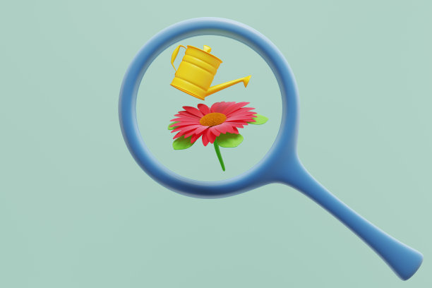 放大镜下的鲜花和水罐。三维渲染图片下载