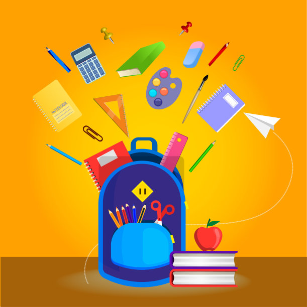 卡片“返校”。背包，钢笔，铅笔，尺子，刷子，记号笔，闹钟，笔记本，书，苹果。矢量插图。图片下载