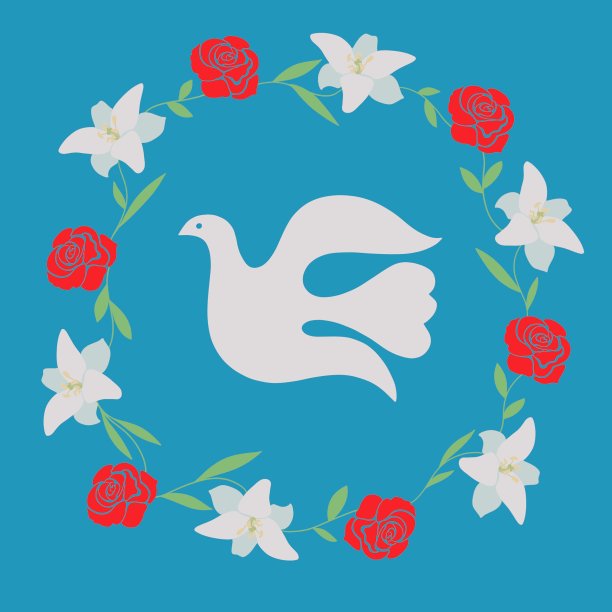 白色的圣鸽配上一圈红玫瑰和白百合图片下载