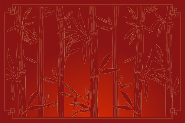 竹林背景。红色灌木丛在中国或日本风格的框架。自然水平横幅。矢量图图片下载
