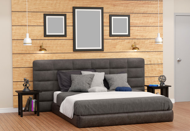 现代卧室，大相框，灯，床头柜图片下载