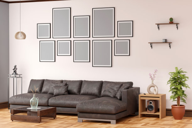 现代客厅，大沙发旁边的咖啡桌图片下载