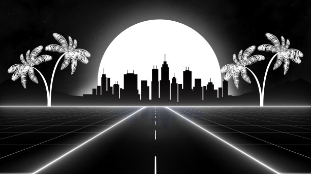 数字复古景观，复古梦幻背景的80年代。抽象霓虹背景图片下载