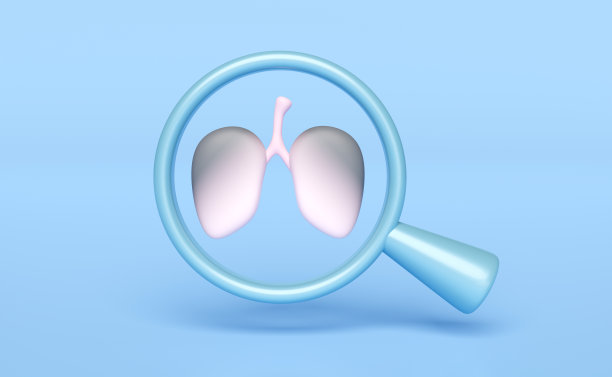 3d黑色肺与放大镜分离在蓝色背景。检查肺部的健康状况，找出疾病的原因，3d渲染插图图片下载