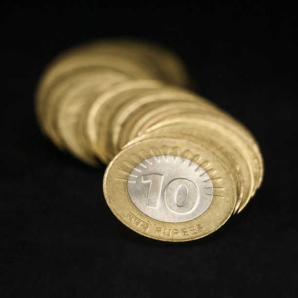 印度十(10)卢比硬币排成一列曲线图片下载