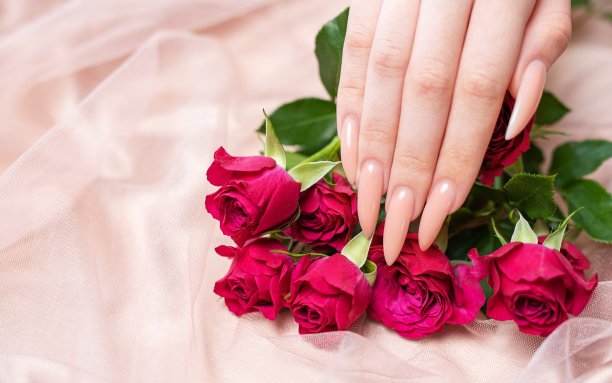 优雅的淡粉色自然美甲。图片下载