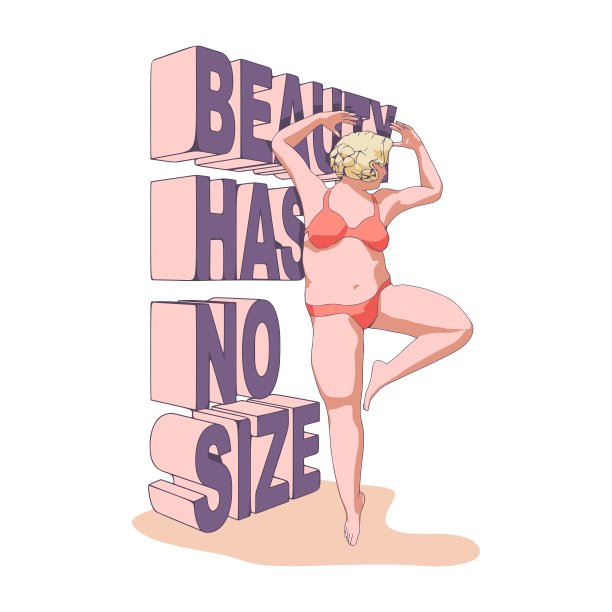 穿着内衣或泳衣的大码美女。身体积极的概念。放松迷人的超重女孩。脂肪接受运动动机短语。美没有大小等距的文字图片下载