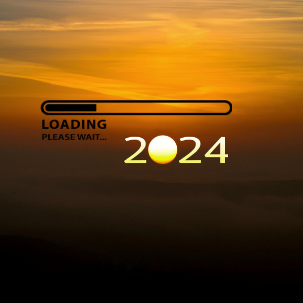 从2023年过渡到2024年的概念，文字在太阳升起的天空。创造性的概念。图片下载