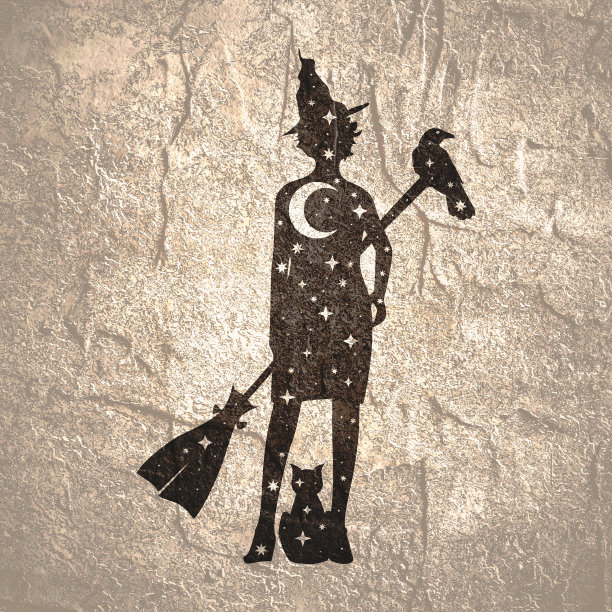 万圣节的节日背景。站在女巫的剪影与扫帚，猫和乌鸦充满了新月和星星图片下载