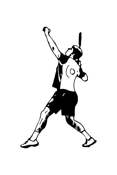 羽毛球运动员。一个人在做头顶投篮。海报模板。黑白手绘图像。矢量插图。图片下载