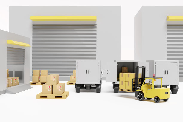 建筑仓库配有进出口叉车，货物纸箱、托盘、货车隔离在白色背景上。物流服务概念，3d图解渲染图片下载