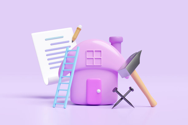 3d房子玩具与剪贴板，铅笔，检查表，锤子，钉子，梯子或楼梯隔离在紫色的背景。维修保养概念，3d渲染插图，剪辑路径图片下载