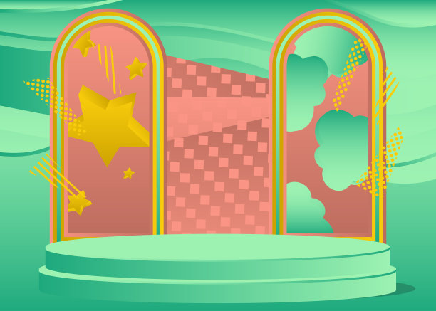 最小几何光红色，黄色和绿松石圆柱体基座平台。未来主义模型产品展示。科幻舞台展示。抽象矢量场景。图片下载